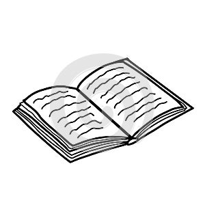 Single black and white illustration of an open book on a white background.